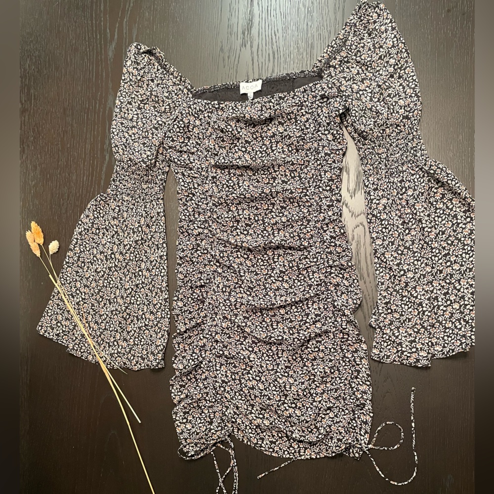 Floral Bell Sleeve Ruched Mini Dress